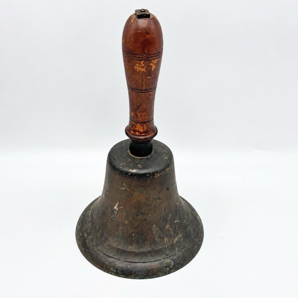 Antique Teachers Brass School Bell Large 9" Handheld Wooden Handle LOUD Crier